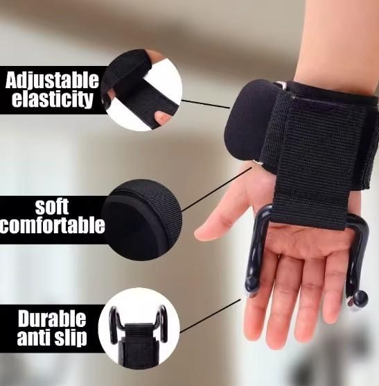 Weight Lifting Rod Hooks with Wrist Support – Heavy Duty Gym Straps (Pair)